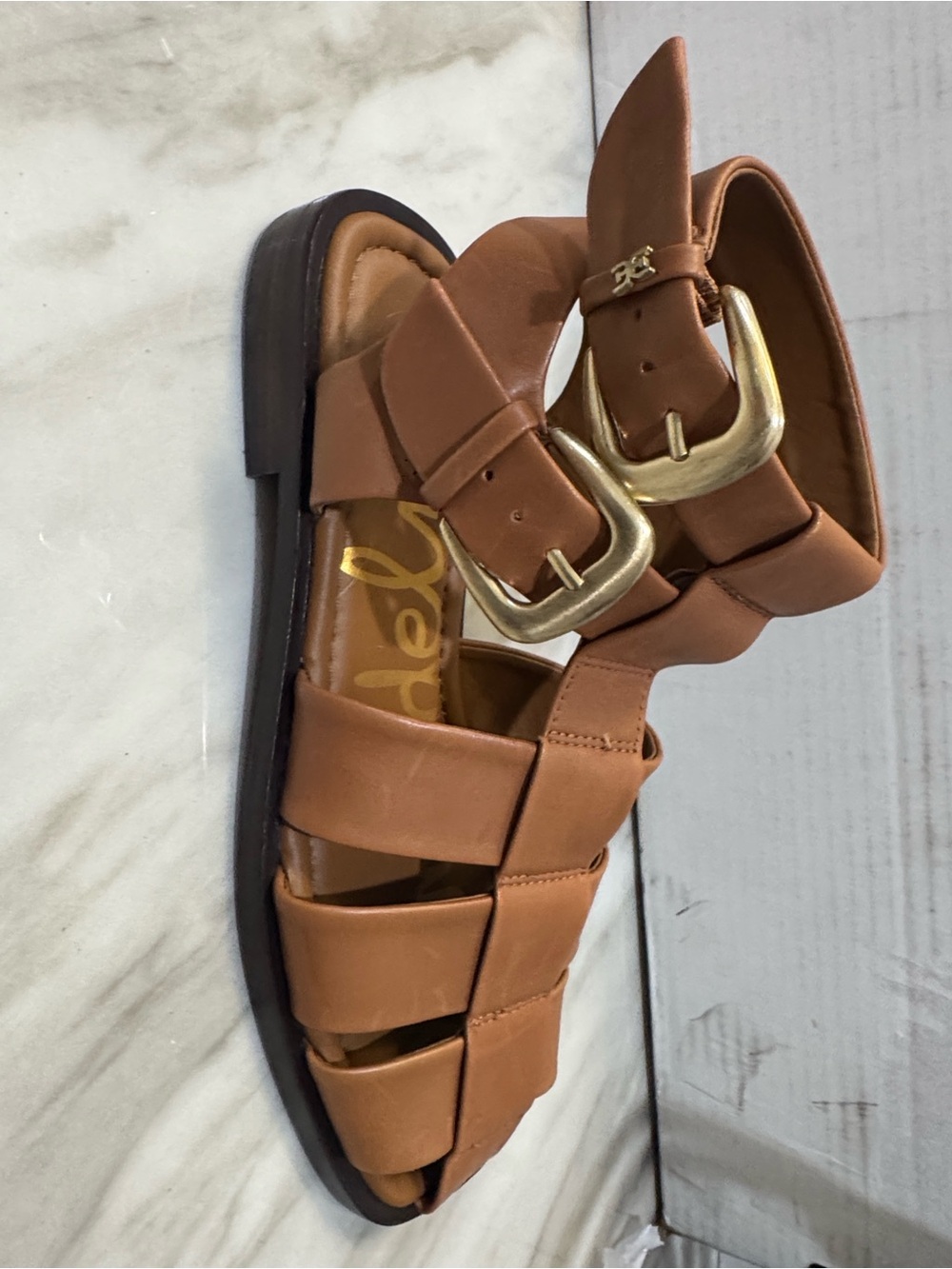 Sam Edelman Tan Leather Strappy Fisherman Sandals with Gold Buckles - Picture 10 of 12
